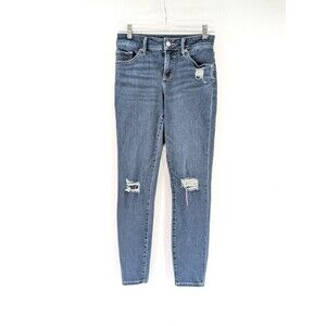 Express Curvy Skinny Mid Rise Distressed Dark Wash Jeans Size 27/27.5 2 Reg